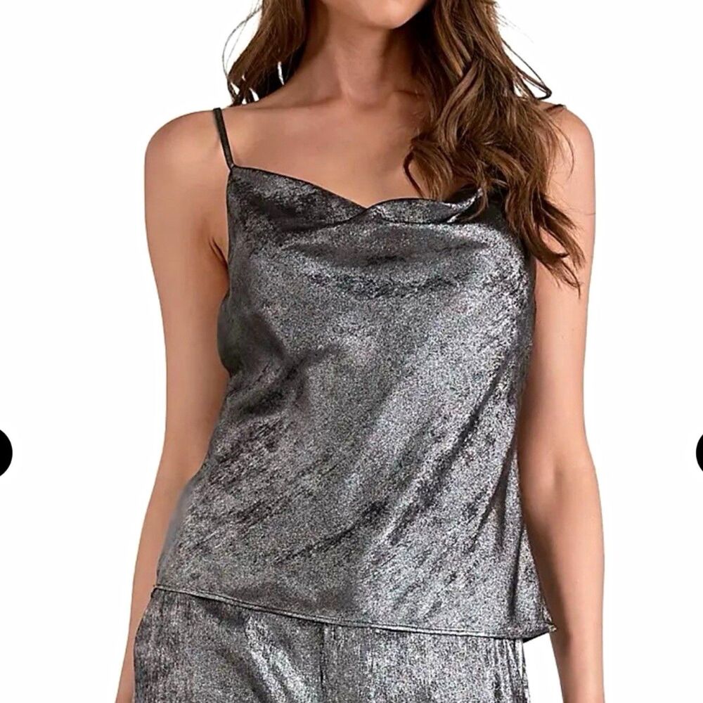 Elan Metallic Silver Cowl Neck Cami Top Spaghetti Strap Shimmer Party NWT XS
